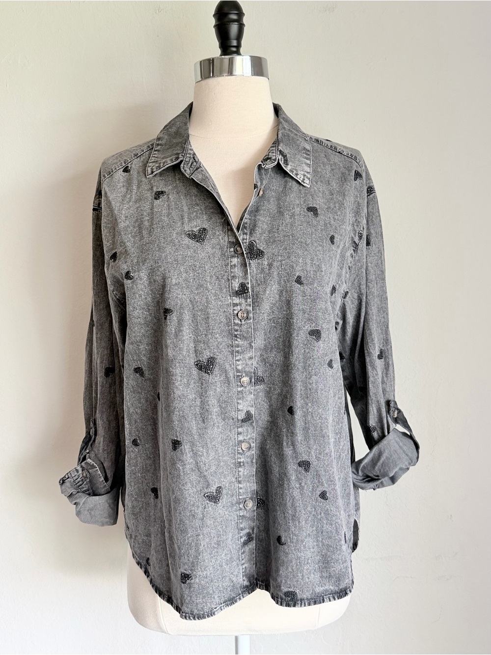 Jane + Delancey Washed Black Heart-Print Button-Down Shirt, 100% Cotton, Medium